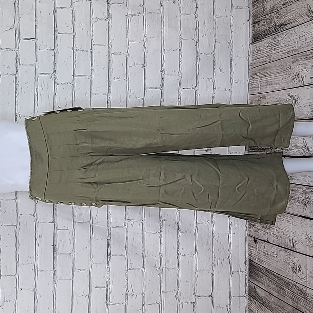 Rewash Hi-Rise Side Button Wide Leg Linen Blend Cropped Pant Olive Green - NWT
